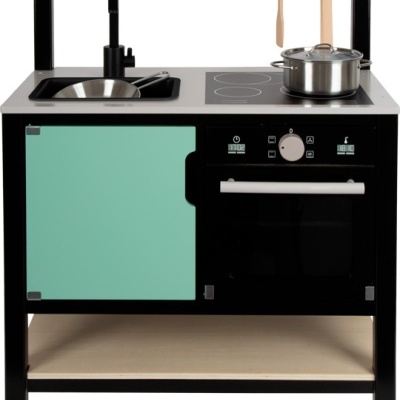mini cozinha de brincar para crianças com fogão, pia e forno em preto, branco e verde água