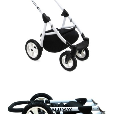 Estrutura de carrinho de bebé branco e preto com texto ALU WAY