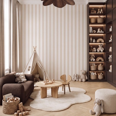 Quarto infantil decorado com móveis e brinquedos em tons neutros e pastel.