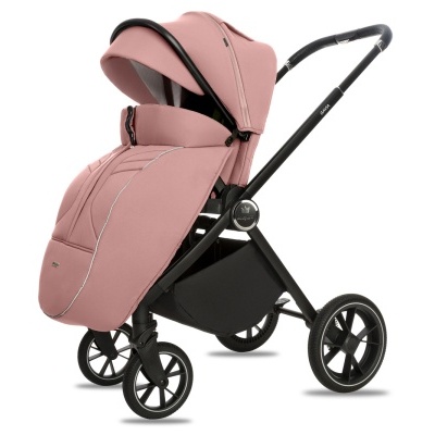 Carrinho de bebé cor de rosa com estrutura preta e rodas grandes