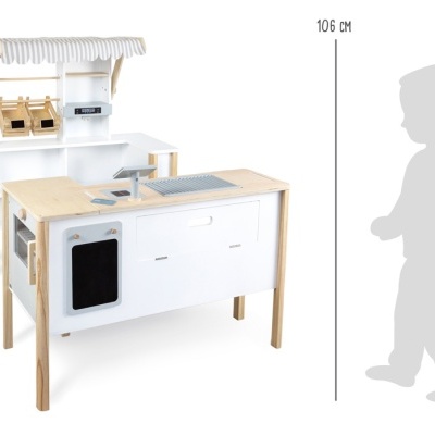 Cozinha de brincar branca e madeira com acessórios e altura 106 cm para crianças