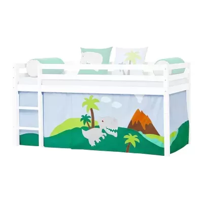 Cama infantil alta branca com tenda decorativa de dinossauros e escada lateral