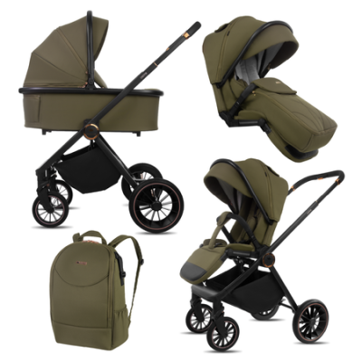 Conjunto de carrinho de bebé modular verde com estrutura preta e mochila combinada
