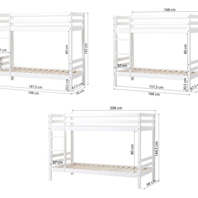 Três camas beliche em madeira branca com medidas indicadas