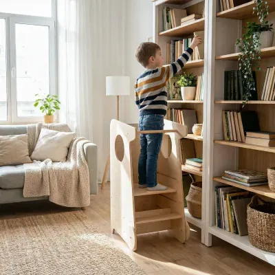 Criança a usar banco de aprendizagem para alcançar estante de livros e plantas num quarto iluminado
