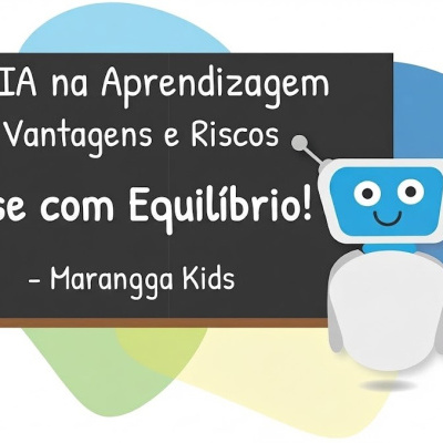 Quadro negro com texto sobre IA na aprendizagem e robô azul sorridente ao lado