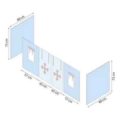 Painel divisória azul claro com cruzes douradas e penduradores em barras cor de madeira