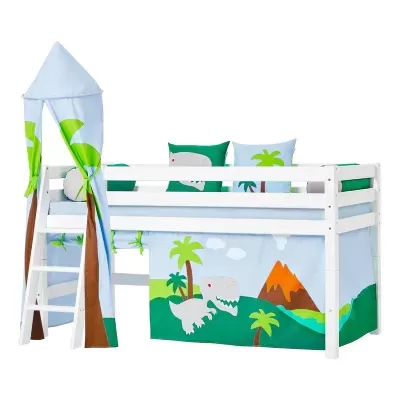 Cama infantil branca com tenda azul decorada com dinossauros e palmeiras