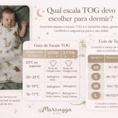 Bebé a dormir com saco de dormir estampado e guia de tamanhos TOG para bebés.
