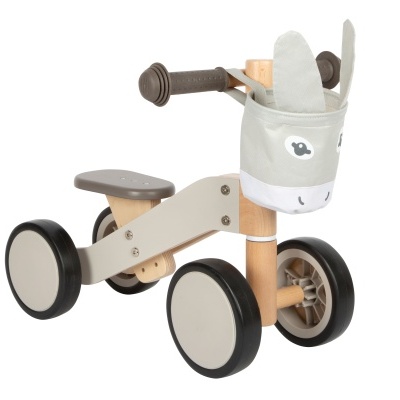 Carrinho de equilíbrio para crianças em madeira e plástico com bolsa branca decorada