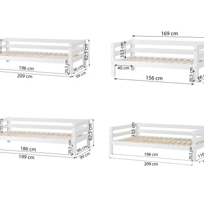 Quatro camas de solteiro tipo sofá em madeira branca com ripas naturais e medidas em centímetros.