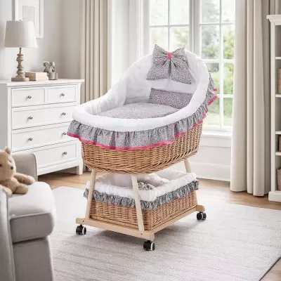 Berço de bebé em vime com almofadado branco e padrão floral rosa e verde numa sala com móveis brancos e carpete cinza.