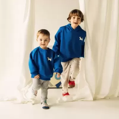 Dois rapazes de sweatshirt azul com cão branco, calças claras e ténis no interior com fundo branco.
