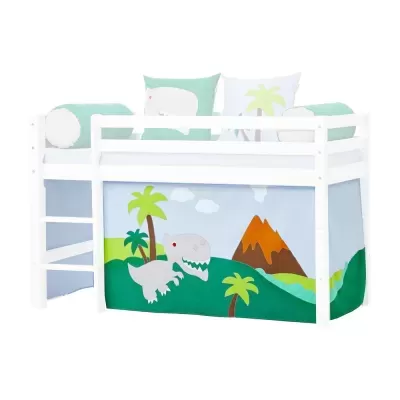 Cama infantil branca com cortina frontal decorada com dinossauro e elementos da natureza