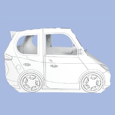 Desenho em linha de um carro compacto branco em fundo azul