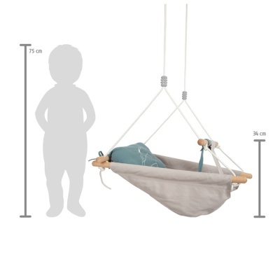 Cadeirinha de baloiço para bebé cinzenta com estrutura em madeira e almofada azul