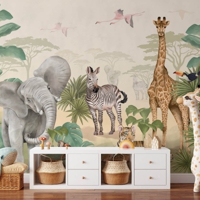 Papel de parede infantil com animais selvagens e cómoda branca com cestos