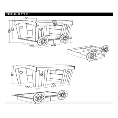 Desenho técnico da roulotte em madeira com corações e rodas decorativas.