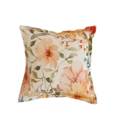 Almofada quadrada floral em tons de laranja e verde