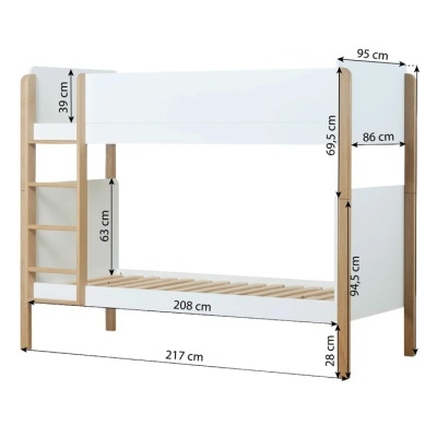 cama beliche em madeira natural e branca com medidas em centímetros