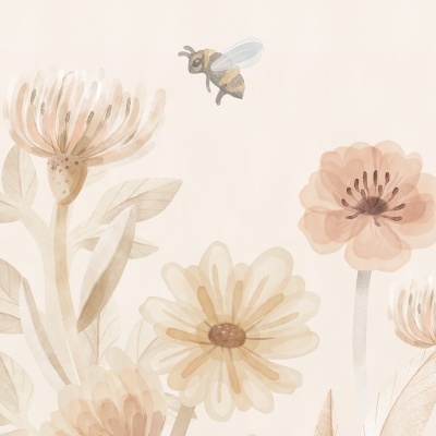 Ilustração de flores e abelha em tons pastel sobre fundo creme