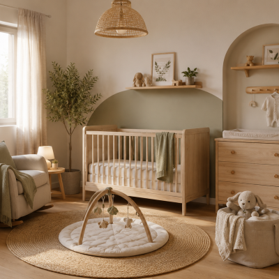 Quarto de bebé com móveis de madeira clara, poltrona bege, manta verde e decoração natural.