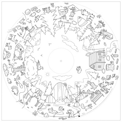 Desenho circular a preto e branco com animais da floresta, árvores, lago e cabana de madeira