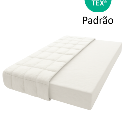Colchão branco com capa acolchoada e etiqueta OEKO TEX com texto Padrão