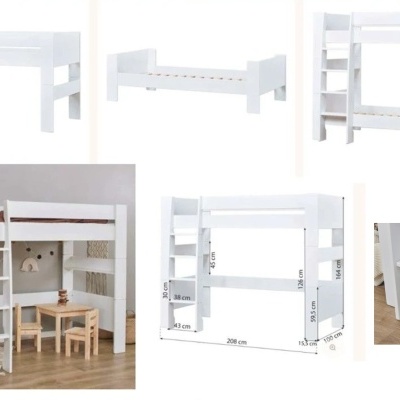 Cama beliche branca em madeira com escada e várias configurações