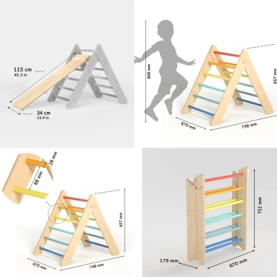 Estrutura triangular de madeira com barras coloridas e rampa para crianças.