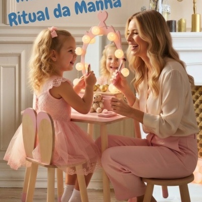 Conjunto mobiliário infantil em madeira com espelho oval iluminado e acessórios de maquilhagem
