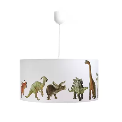 Candeeiro de teto branco com figuras de dinossauros coloridos