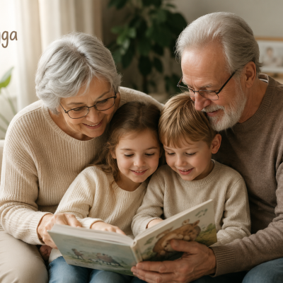 Duas crianças e dois idosos a ler um livro infantil sentados no sofá