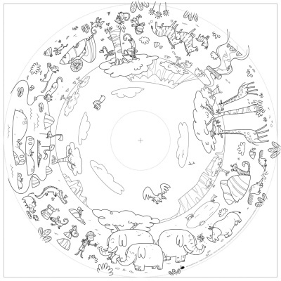 Desenho circular em preto e branco com animais selvagens e natureza estilo cartoon.