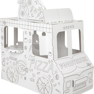 Caminhão de brinquedo em cartão branco com desenhos a preto e texto PIZZA e FOOD TRUCK