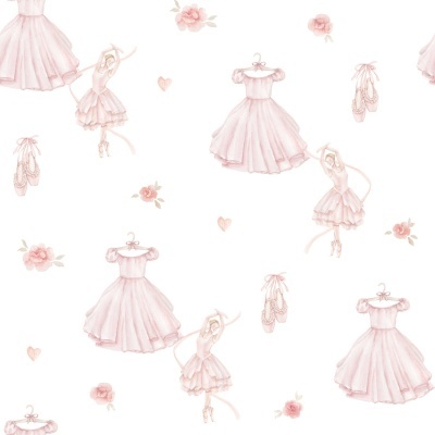 Padrão com vestidos de bailarina, sapatilhas e flores cor-de-rosa sobre fundo branco.
