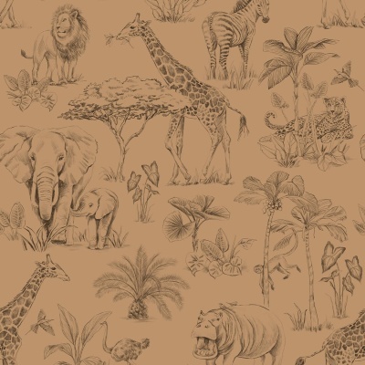 Padrão de papel de parede com ilustrações de animais da savana e plantas em tons castanho e bege