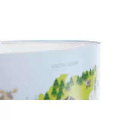 Parcial de embalagem cilíndrica branca com ilustração colorida e texto NATURAL SNOW