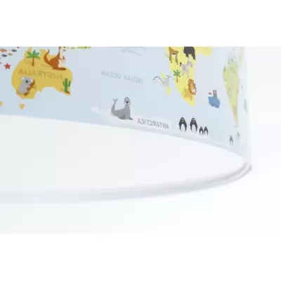 Cúpula de abajur com mapa ilustrado de animais e texto ANTARCTICA
