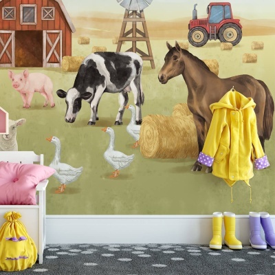 Mural infantil com animais de quinta e elementos rurais em quarto com casaco amarelo e botas