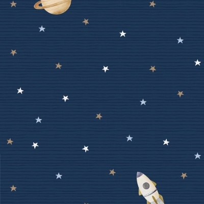 Papel de parede infantil azul com estrelas, planeta e espaçonave