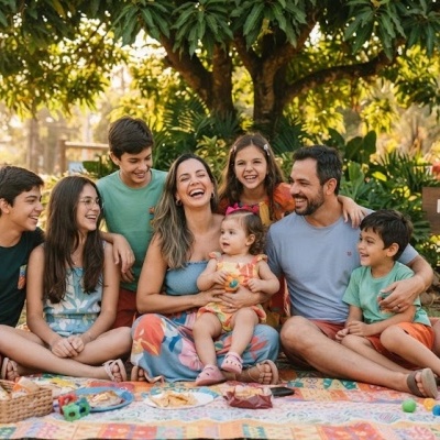 Família sentada em piquenique ao ar livre perto de placa MARANGGA KIDS