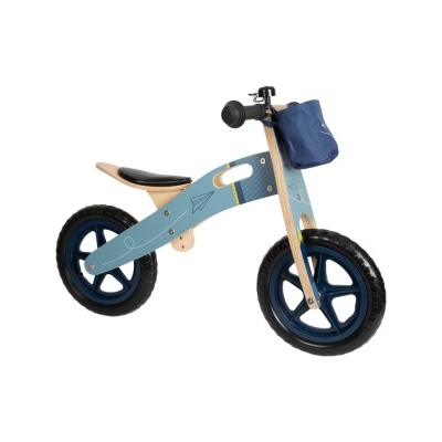 Bicicleta de equilíbrio infantil azul e madeira com rodas pretas