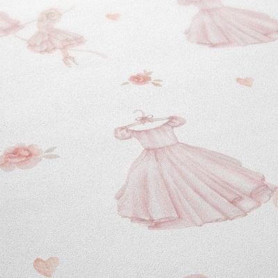 Tecido branco com padrão rosa de vestidos de balé, corações e flores