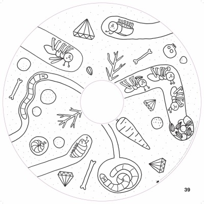 Desenho de larvas, insetos, ossos e outros objetos num padrão circular em preto e branco.