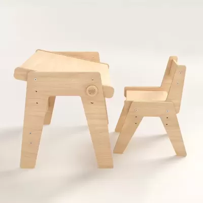 Mesa e cadeira infantil em madeira clara com design simples e ajustável