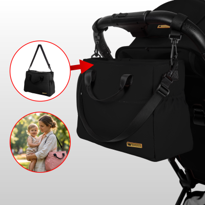 Saco para bebé preto da BabyLux pendurado num carrinho e imagem do saco em cor rosa com mãe e bebé