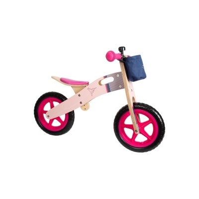 Bicicleta infantil equilíbrio madeira cor rosa e cinzenta com bolsa azul