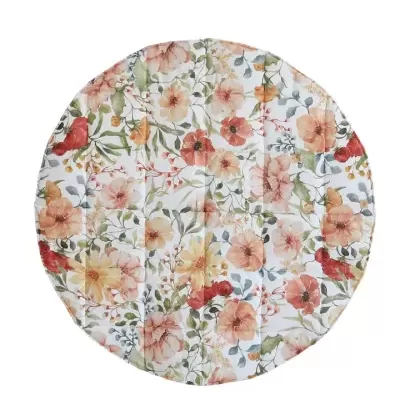 Toalha redonda com padrão floral colorido sobre fundo branco