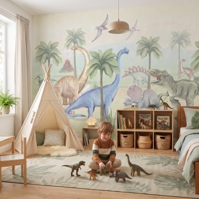 Quarto infantil decorado com tema de dinossauros em tons suaves com tenda de brincar, tapete e móveis em madeira